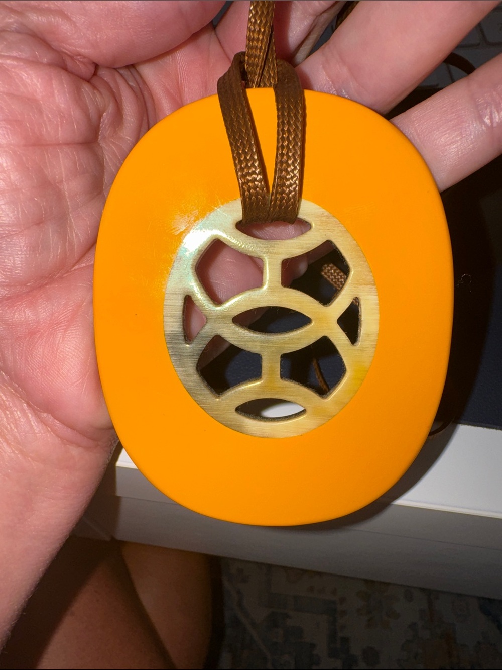 Hermes Vintage Brown Leather Necklace with Yellow and Black Pendant